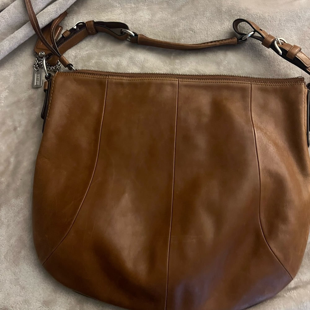 Coach Tan Brown Leather Shoulder Bag with Signature Charm - Picture 2 of 6